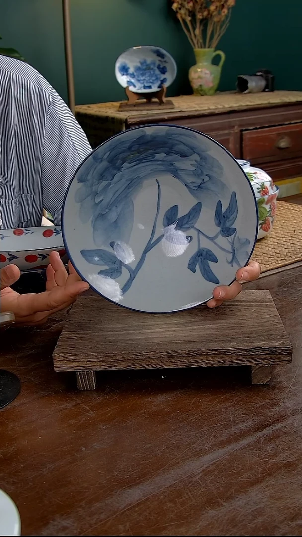 瓷片8寸斗笠深盘-青花牡丹