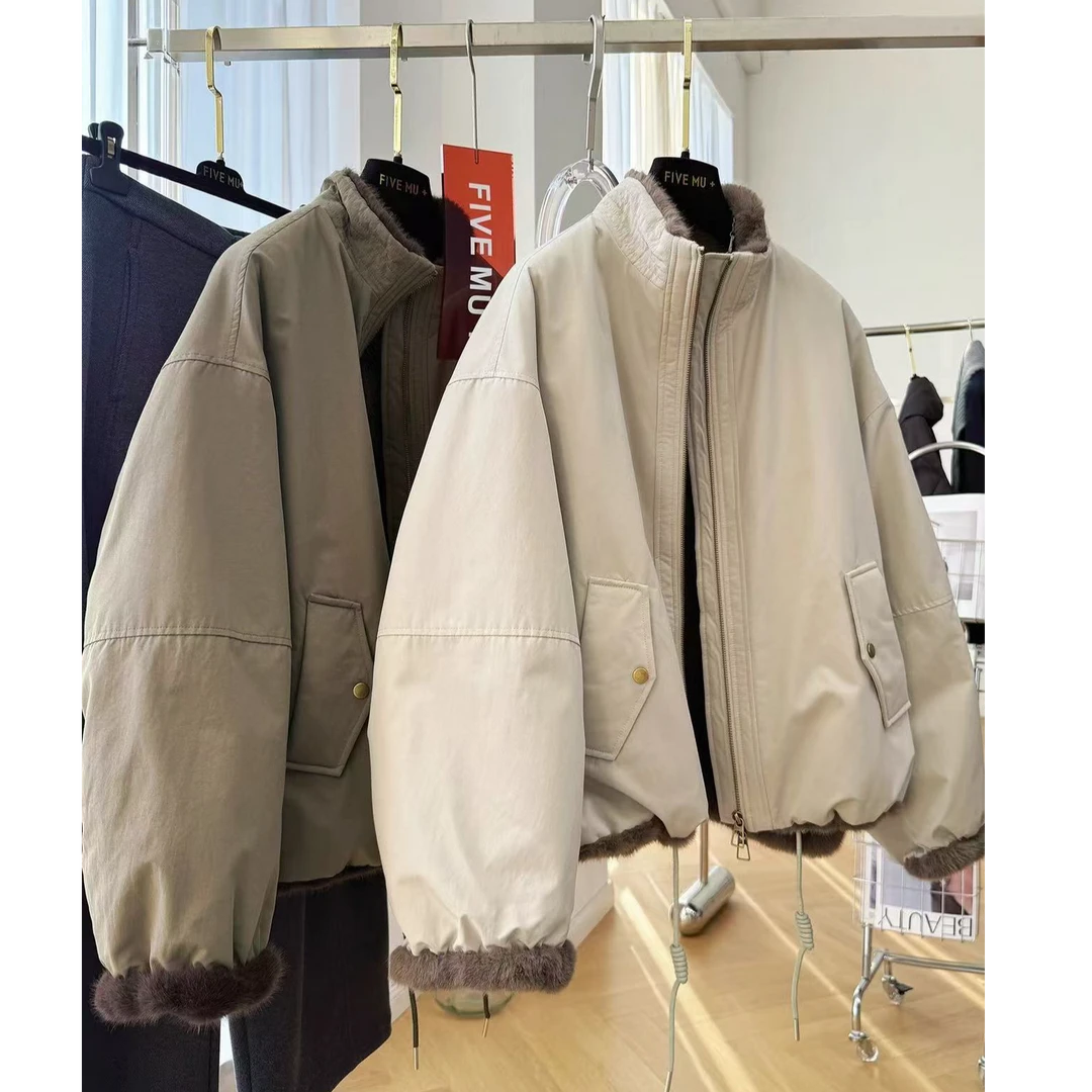 2025新款高级感立领短款工装外套女冬季毛毛内胆仿皮草派克服夹克