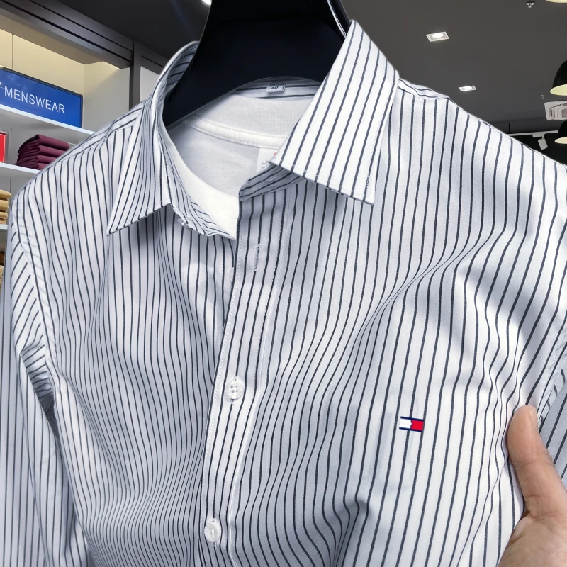 Tommy汤米春秋男士衬衫中年商务休闲高档免烫抗皱条纹衬衣男打底