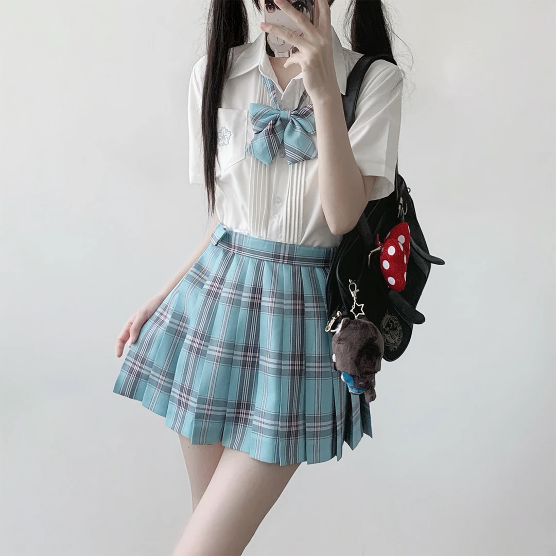 刺小兔原创jk青花瓷格裙正版制服学院风海樱中衬衫套装百褶半身裙