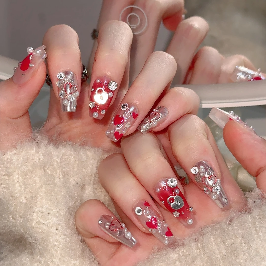 『烛光恋人』富家千金爱心腮红超闪纯手工穿戴甲短中款美甲