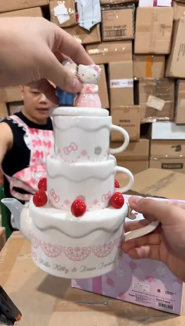 瓷片原盒kt猫结婚茶壶套组