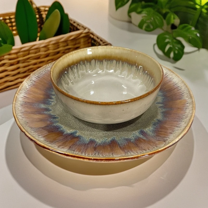 复古风釉下彩圆形陶瓷手绘日式手工粗陶盘子碗 077微瑕满18.9包邮
