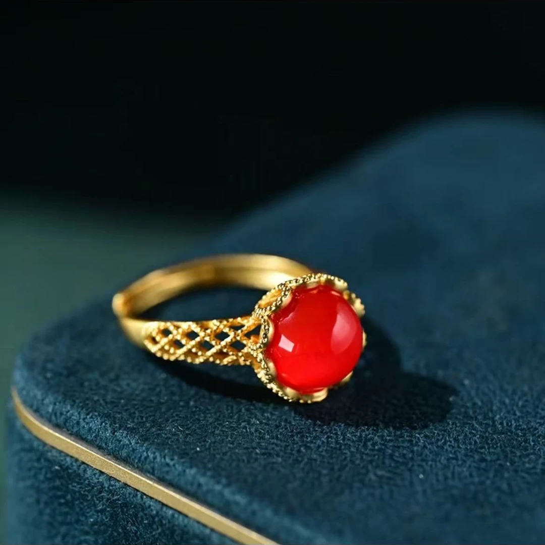 【喜喜甄选】花开富贵红运当头 时尚红玉髓镶嵌合金太阳花戒指