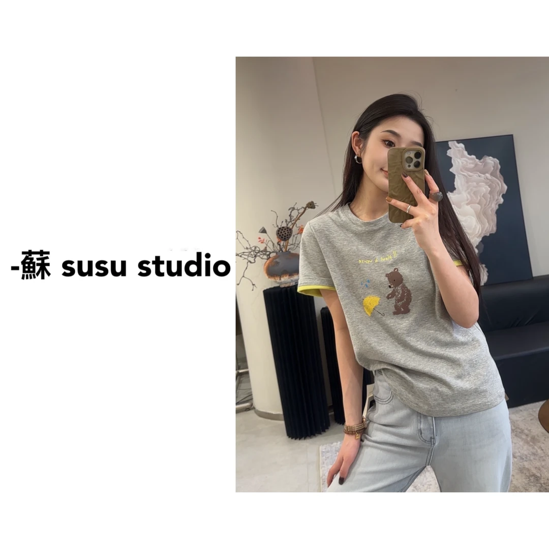 2025新款趣味小熊图案撞色减龄百搭休闲短袖T恤上衣女潮T25016