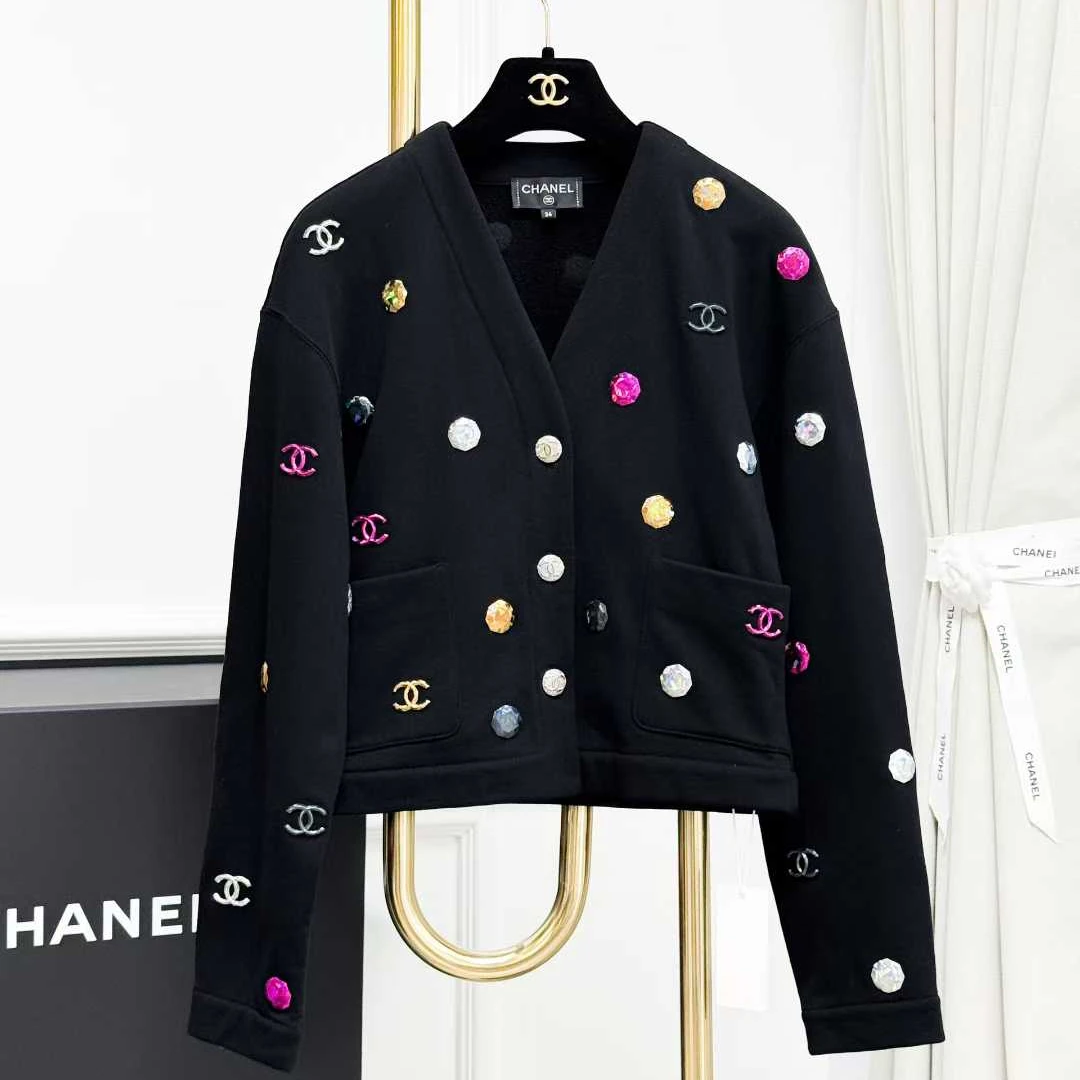 99新 Chanel/香奈儿 34码21K黑色拼彩色双C宝石短款开衫