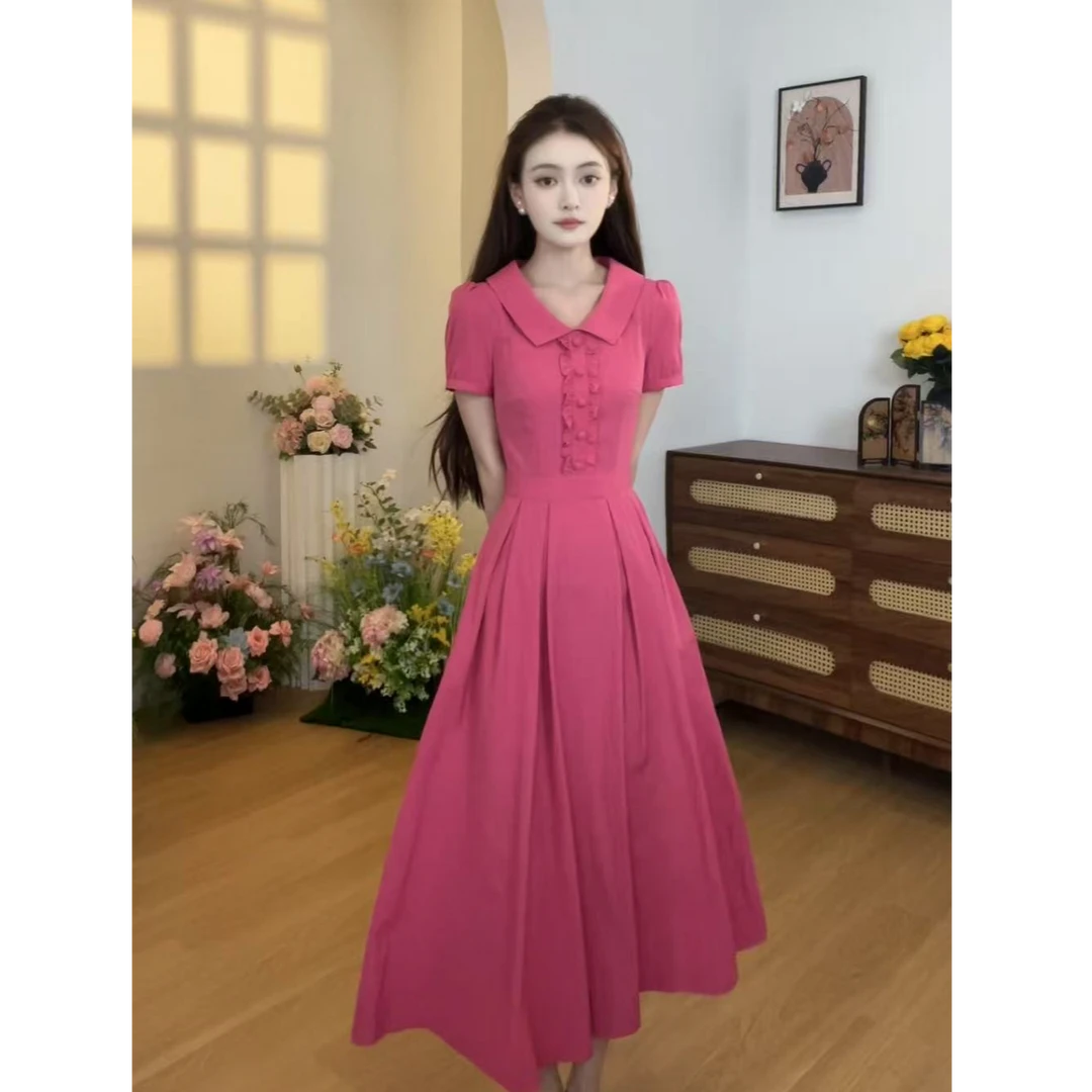 ＜小瑜＞【树莓甜酒】法式少女风甜美显白树莓粉连衣裙XMZH8465