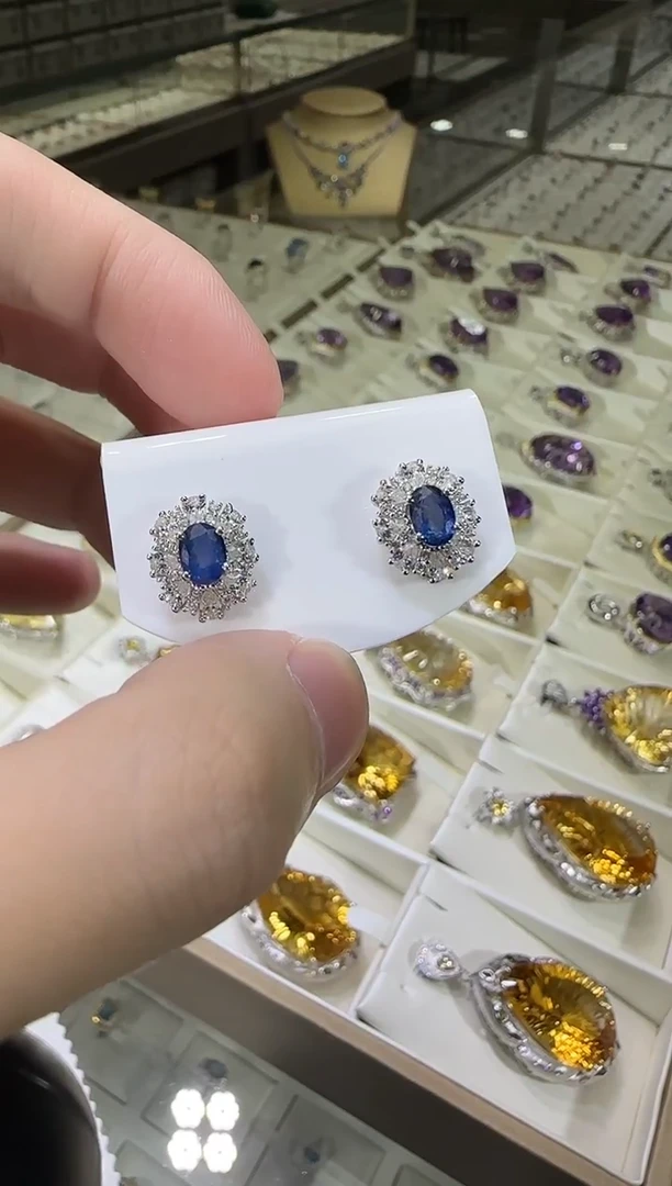 耳饰蓝宝石银S925镶嵌5*7mm耳钉