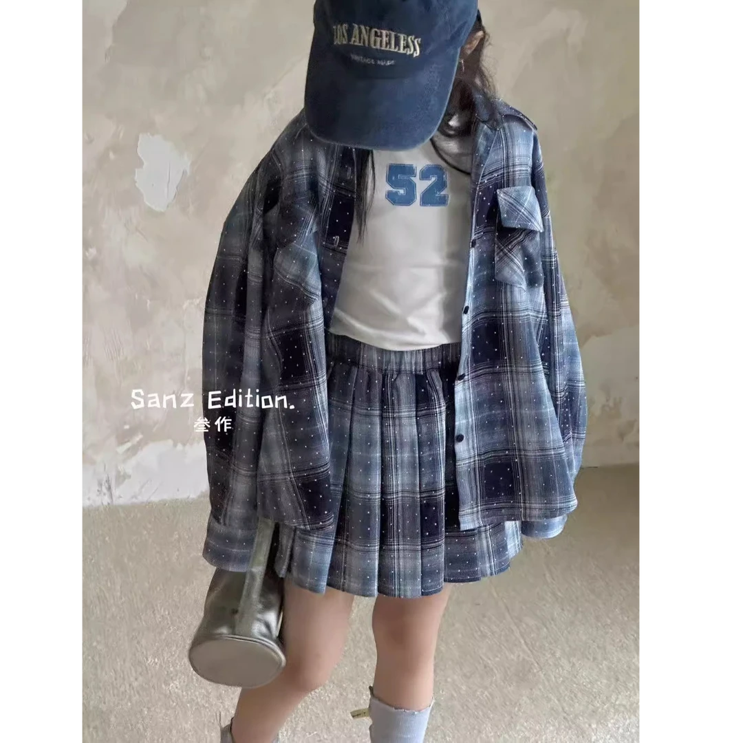 春款女童薄款格纹衬衫外套百褶裙套装