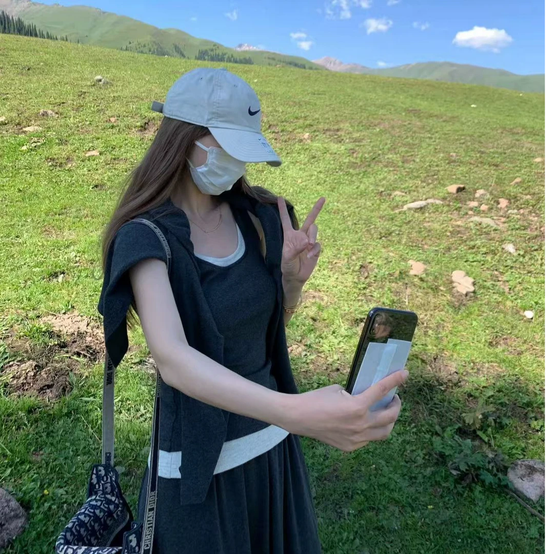 28156夏日cozyfit~老钱风私服披肩撞色假两件背心喇叭裤三件套