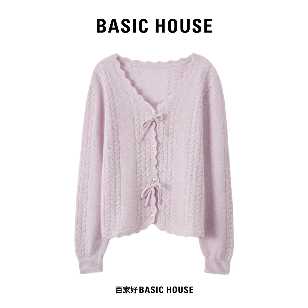 Basic House/百家好2025秋绑带绞花设计师温柔粉色针织衫Q442 XX