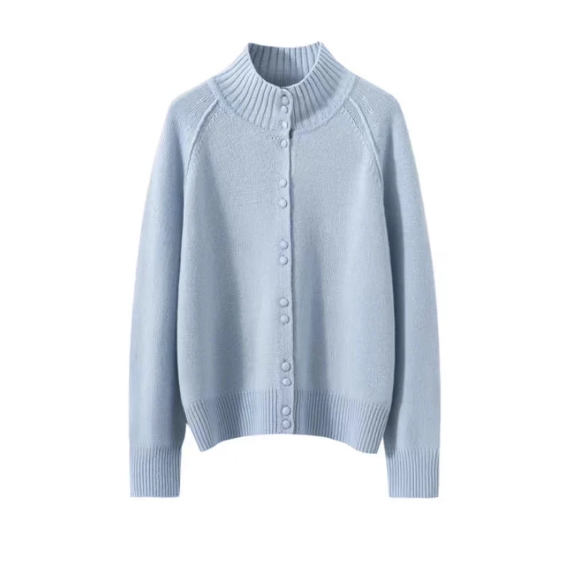 高领手工包扣宽松慵懒简约大气时尚纯色插肩袖女士纯羊毛开衫外套