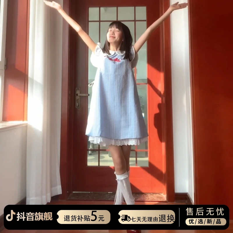 法式小飞袖娃娃领蓝色格子连衣裙女2025新款夏季甜美气质公主短裙