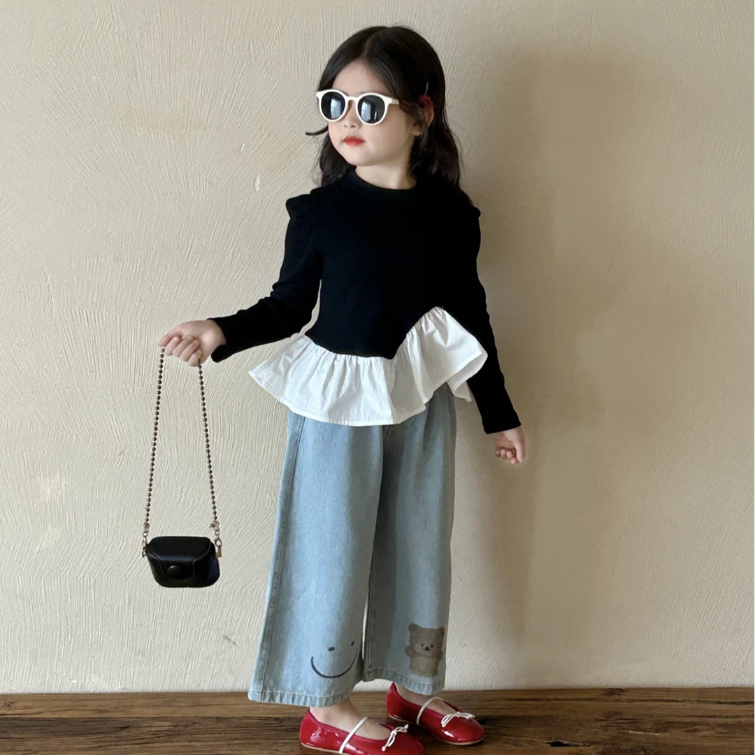 女童韩版牛仔裤2025春季新款女中小童阔腿裤时髦洋气荷叶边上衣潮