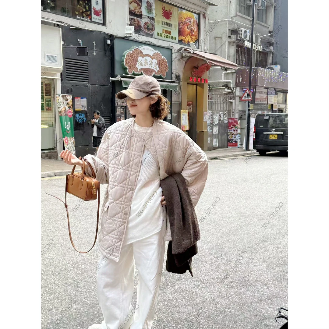 『豆公子』20563韩版宽松菱格口袋棉衣外套女秋冬显瘦无领系扣棉服