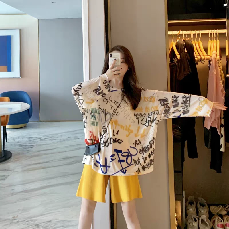 夏季上新莱赛尔天丝雪花棉防晒衣手绘涂鸦圆领空调罩衣T恤8319