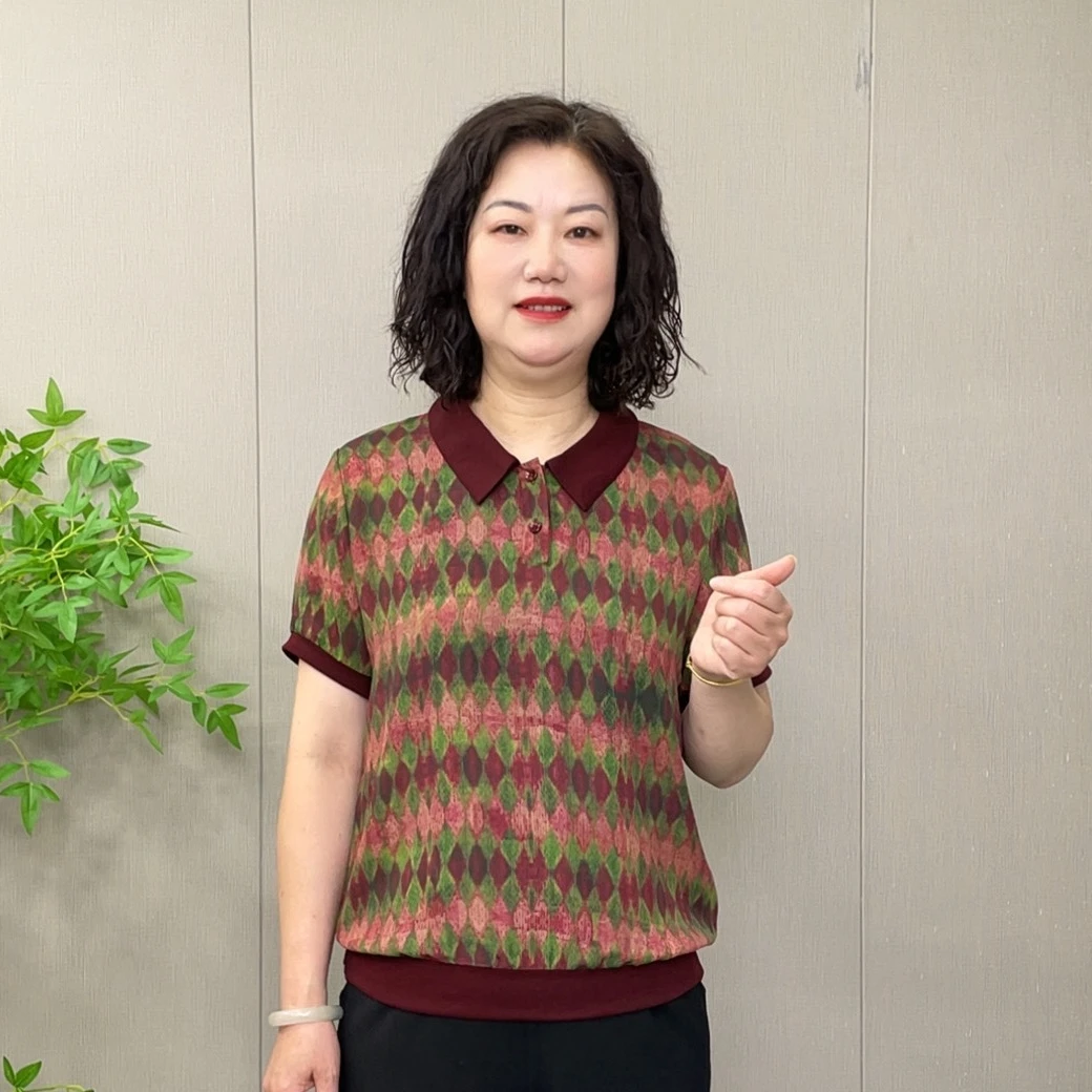 2025夏季新款短袖气质时尚休闲百搭宽松精致翻领中老年显瘦妈妈装