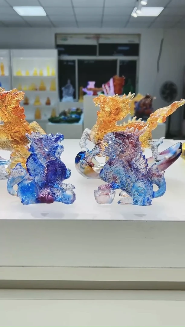 手工艺品琉璃盛**狼古法琉璃一对麒麟(微瑕·)