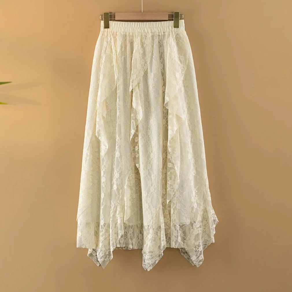 新款春季松紧腰A字裙新中式国风裙子蕾丝百褶半身裙女