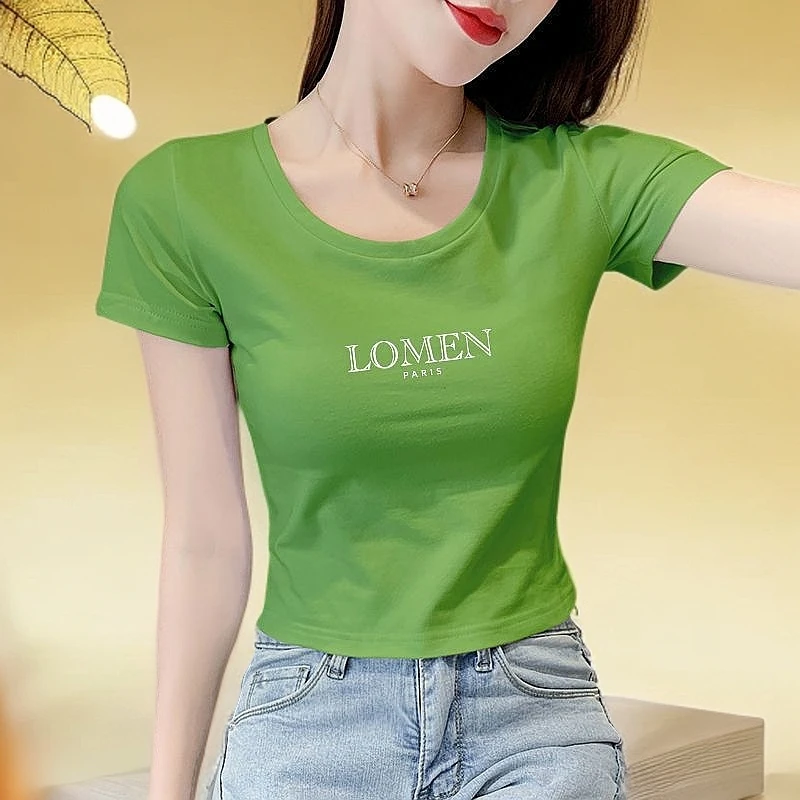 95棉短款圆领短袖T恤女夏季时尚百搭高腰露肚脐修身洋气体恤上衣