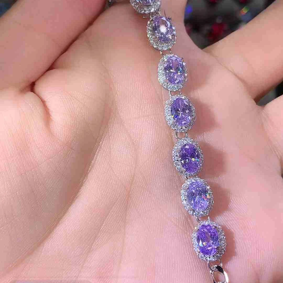 925银手链 S925银手链 大克拉重工 精切浅紫罗兰紫色手链白