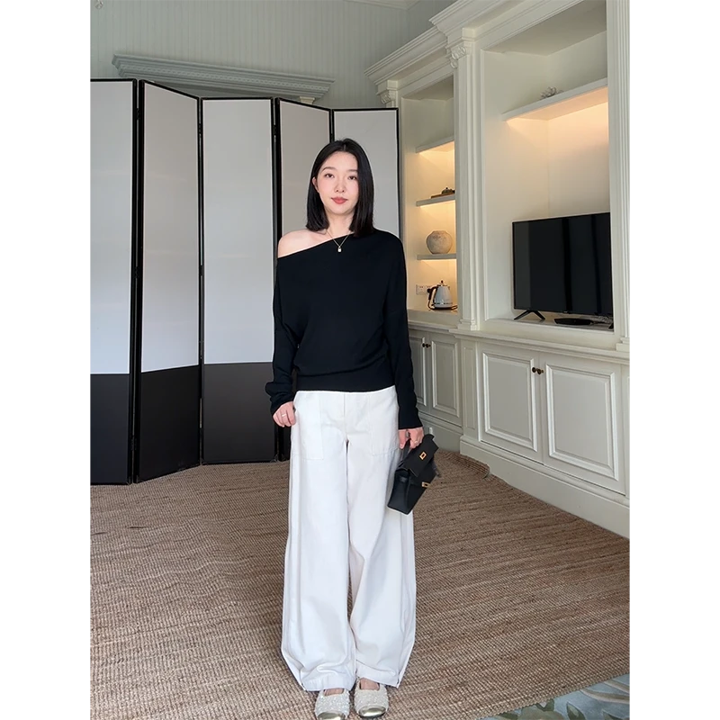 郭九九呢 羊毛斜肩宽松显瘦针织衫毛衣高腰直筒阔腿裤 G925A13959