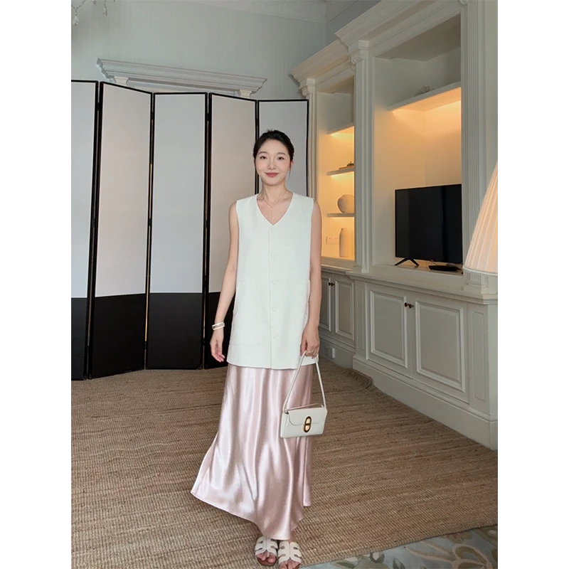 郭九九呢 亚麻棉老钱风v领显瘦上衣马甲缎面粉半身裙G924A07970