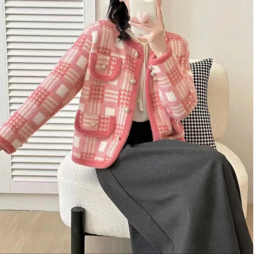 2197-小香风拼色格子圆领长袖外套女2024新款甜美风时尚洋气DY1