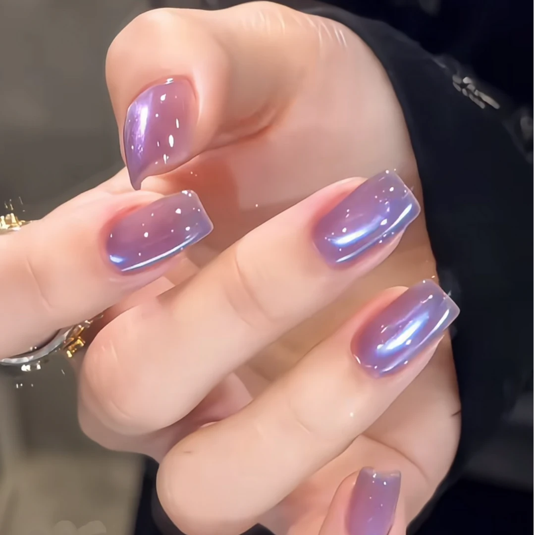 JDD【北极之光】紫色侧光猫眼显白短款纯手工美甲穿戴甲片可拆卸