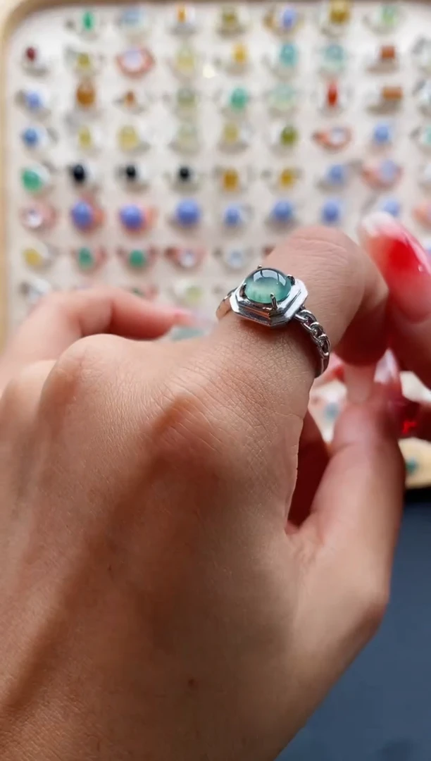 【闪购商品】翡翠戒指银S925镶嵌缅甸天然A货翡翠111 8+1