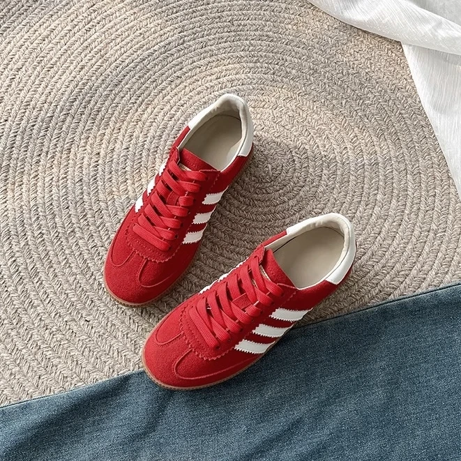真皮复古红色德训鞋女款爆款2025新款休闲板鞋运动厚底百搭阿甘鞋