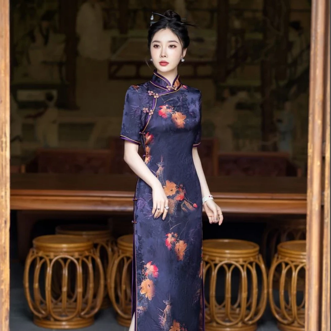 白幼秀全开襟古法真丝旗袍复古气质优雅提花3261