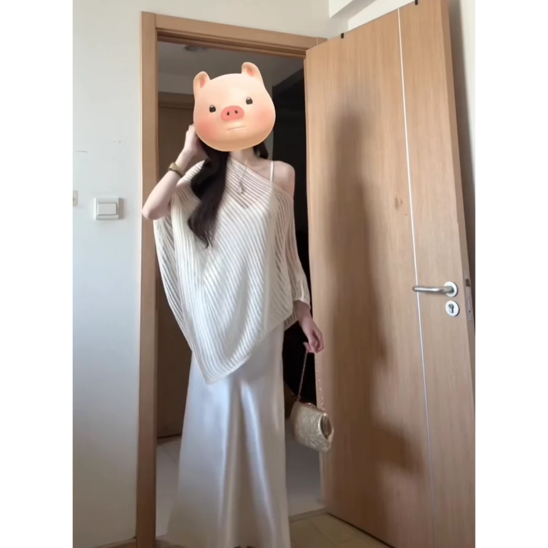 韩系小众不规则斜肩防晒罩衫女夏装时尚纯欲缎面吊带连衣裙两件套