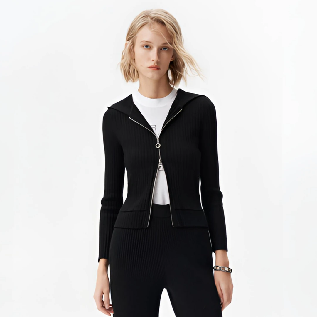 IRO Night 绵羊毛长袖开衫外套连帽拉链坑条轻奢秋冬新款高级感