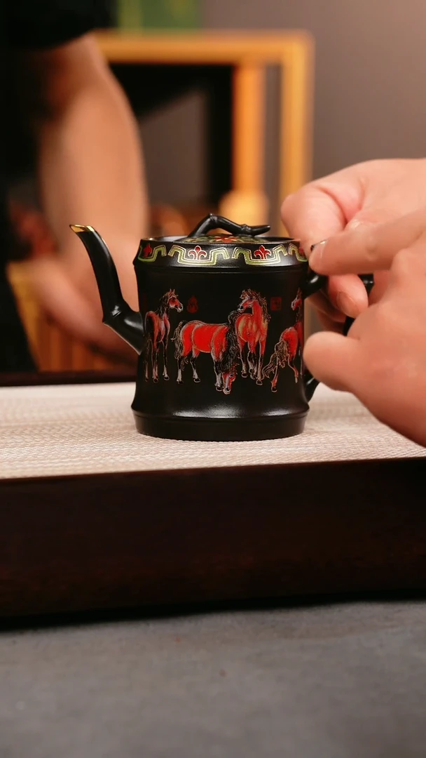 茶壶紫砂石黄 竹节 八骏珐琅彩