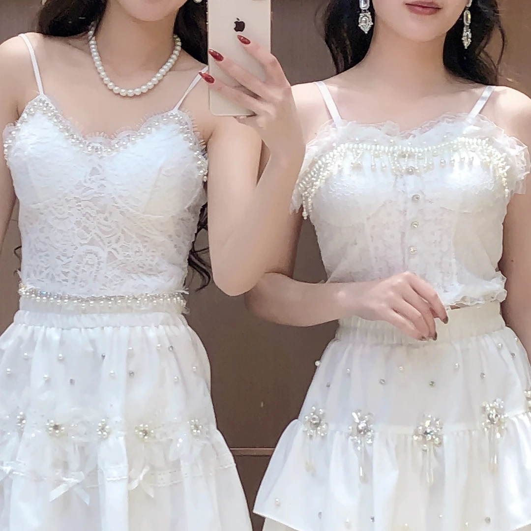 艾日秀法式重工钩花蕾丝内搭性感流苏串珠美背吊带背心 E9658