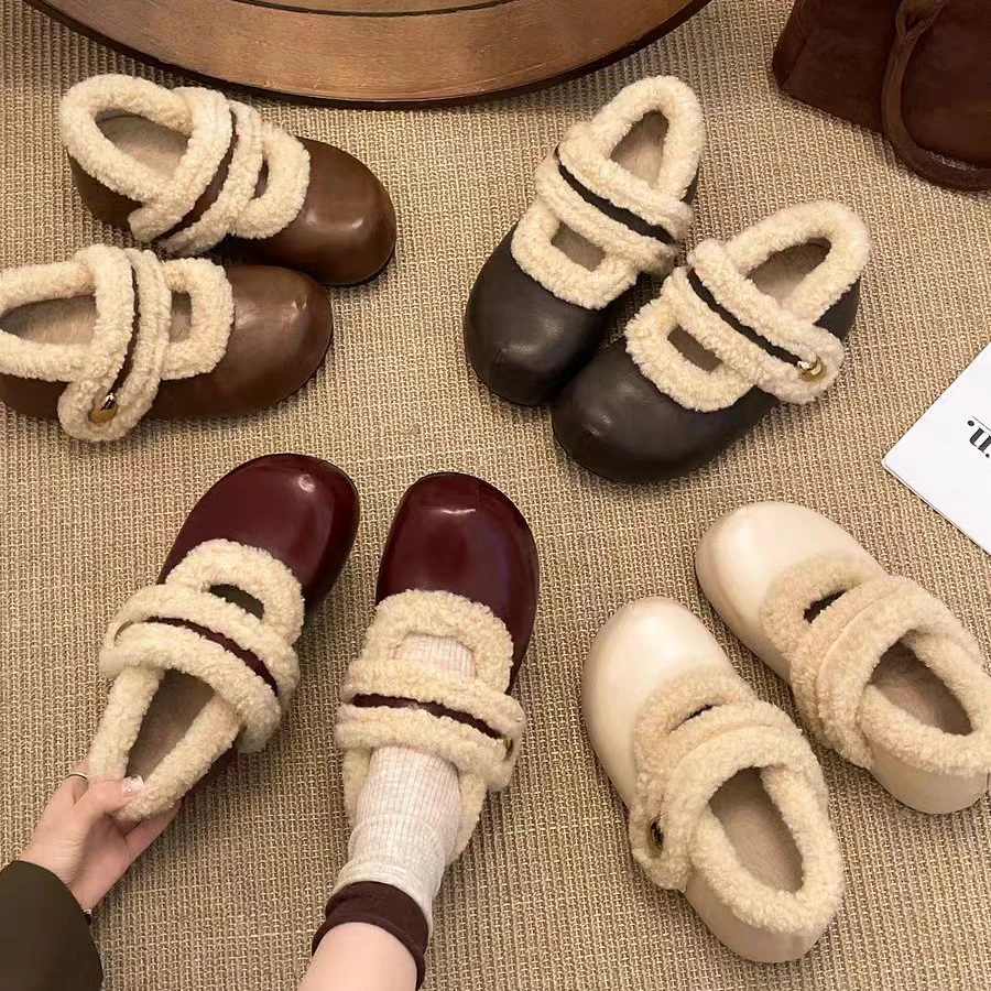 内增高厚底加绒加厚雪地棉鞋女冬2025新款保暖玛丽珍毛毛勃肯鞋