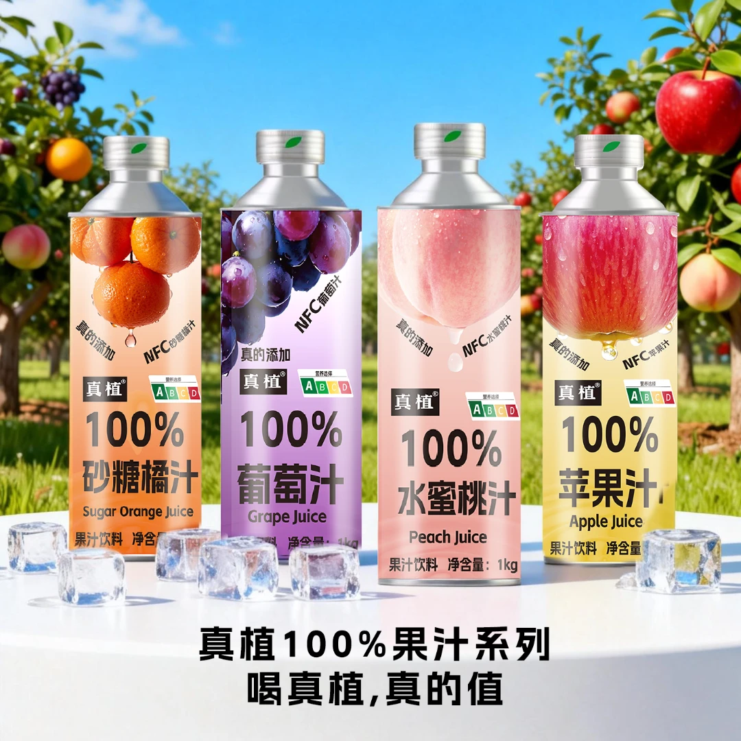 真植1Kg铁罐装多种口味100%NFC纯鲜榨果汁锁鲜，聚餐聚会解腻饮料
