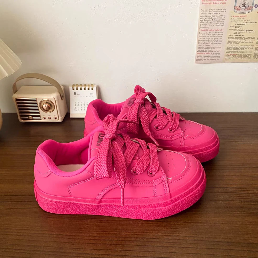 TP272玫红多巴胺厚底板鞋女ins潮新款秋季平底透气百搭休闲小白鞋