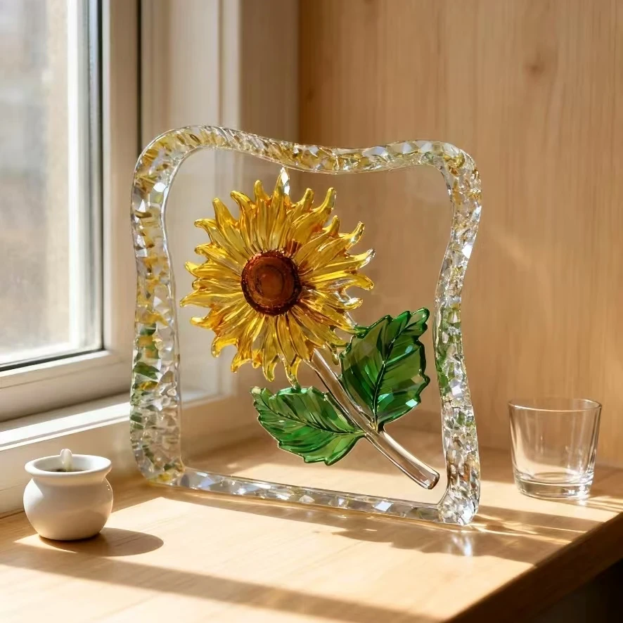 单只-轻奢水晶油画向日葵摆件K9水晶桌面玄关卧室窗台向日葵摆件