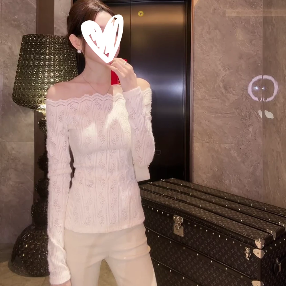 “高知御姐”ins风春秋气质一字领修身显瘦蕾丝长袖上衣网红C6542