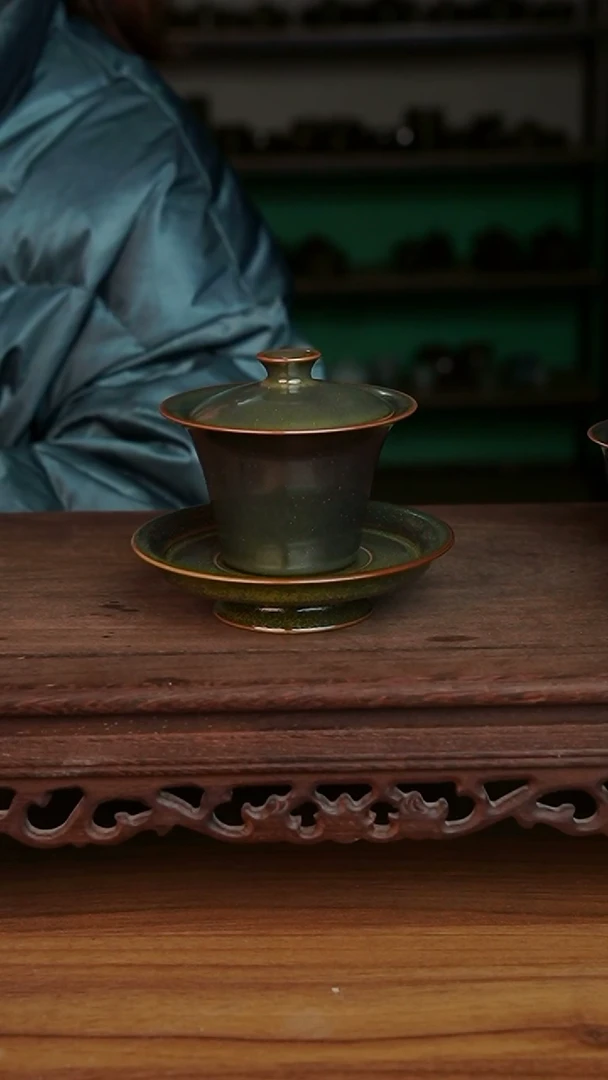 杯茶叶末三才高足马蹄盖碗