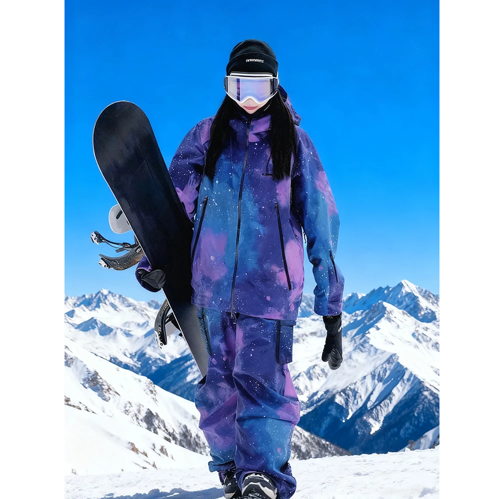 芙沿紫色星空滑雪服套装女2025冬季新款户外防风防水情侣双板雪服