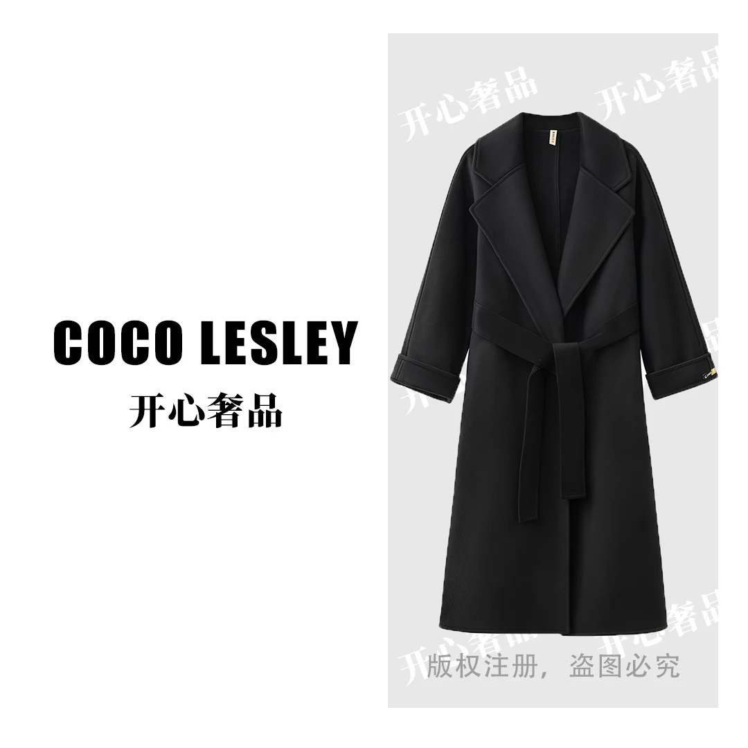 【开心奢品】新款韩版双面呢大衣中长款简约时尚毛呢外套女2413