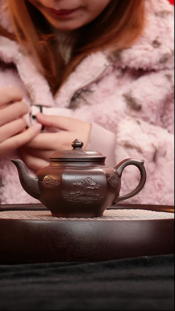 茶壶紫砂宜兴紫砂壶六方笑樱