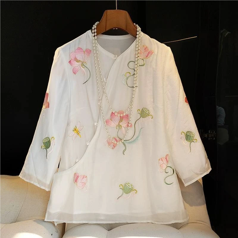 新中式改良斜襟盘扣唐装上衣女夏季国风小衫高级感五分袖刺绣衬衣