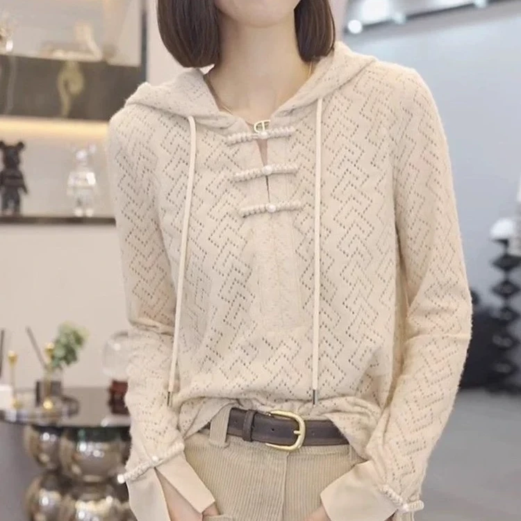 C2793针织连帽卫衣气质长袖修身显瘦百搭秋款新中式套头上衣1793