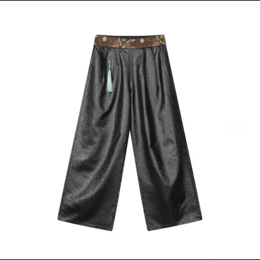 0654芳华刺绣腰老料油皮裤透气妈妈装新款立体阔腿裤中式气质洋气