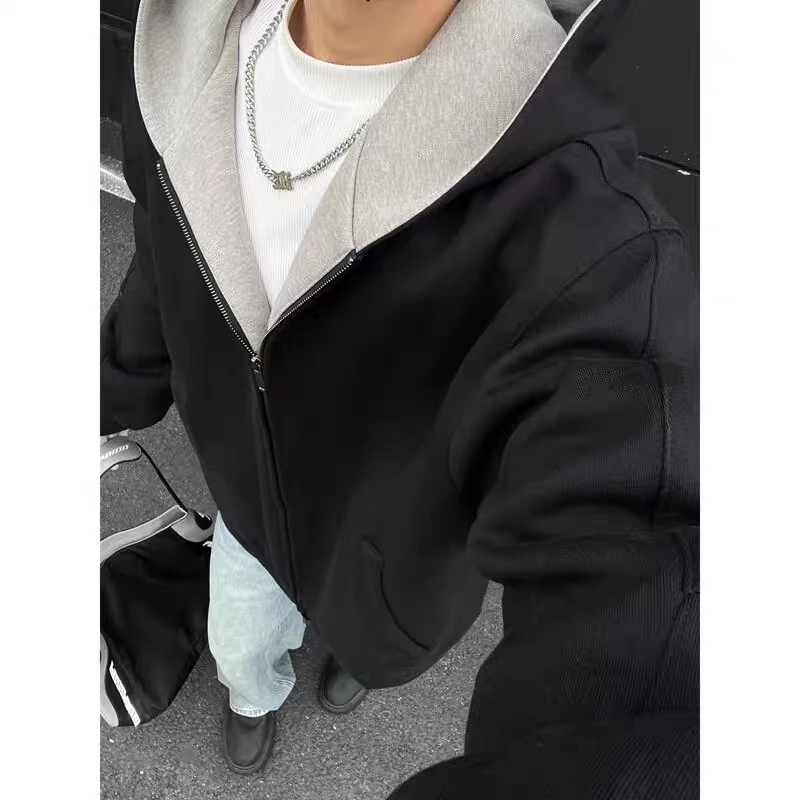港风潮流时尚连帽卫衣开衫秋冬季男装宽松休闲百搭拼色双拉链外套