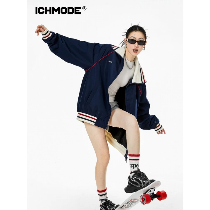ICHMODE美式复古开衫外套女2025春季新款宽松流行百搭夹克上衣